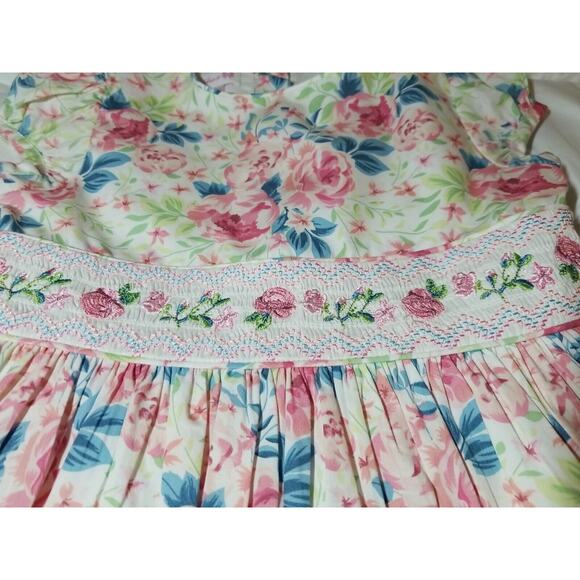 Bonnie Jean Girl's Dress Size 5 Pink Blue Embroidered Flowers‎ Smocked Waistband - Picture 7 of 9
